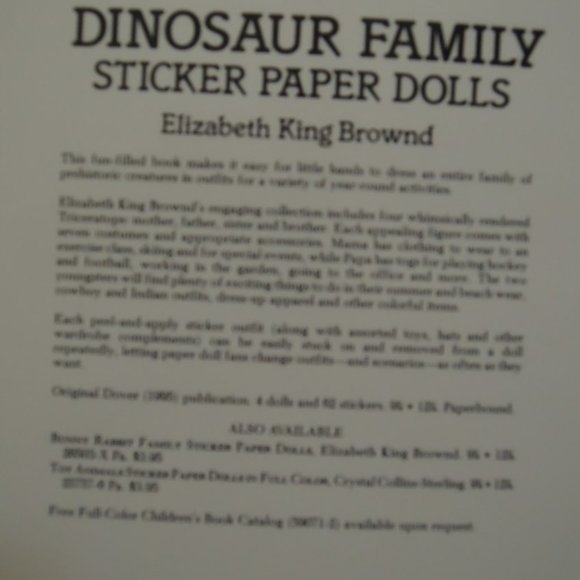 Dinosaur Family Sticker Paper Dolls Dover Paper Dolls by Elizabeth King Brownd - Picture 3 of 3